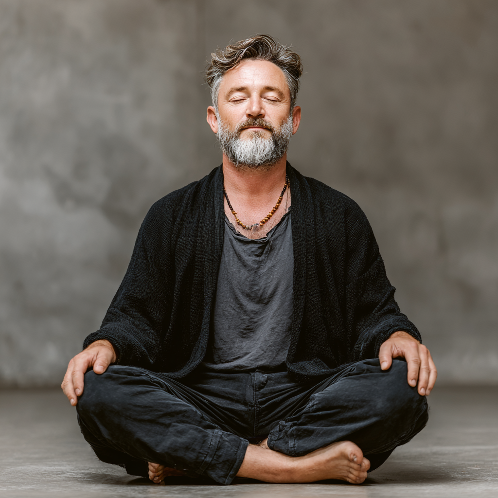 Calm middle-aged man in his early fifties sitting in lotus position during yoga practice with peaceful expression