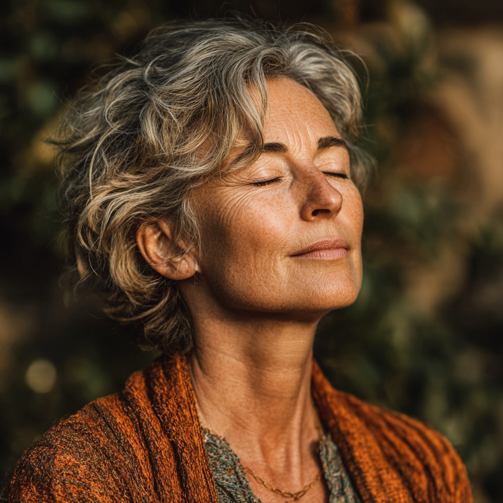 Peaceful mature woman in her forties practicing meditation outdoors with serene expression and closed eyes